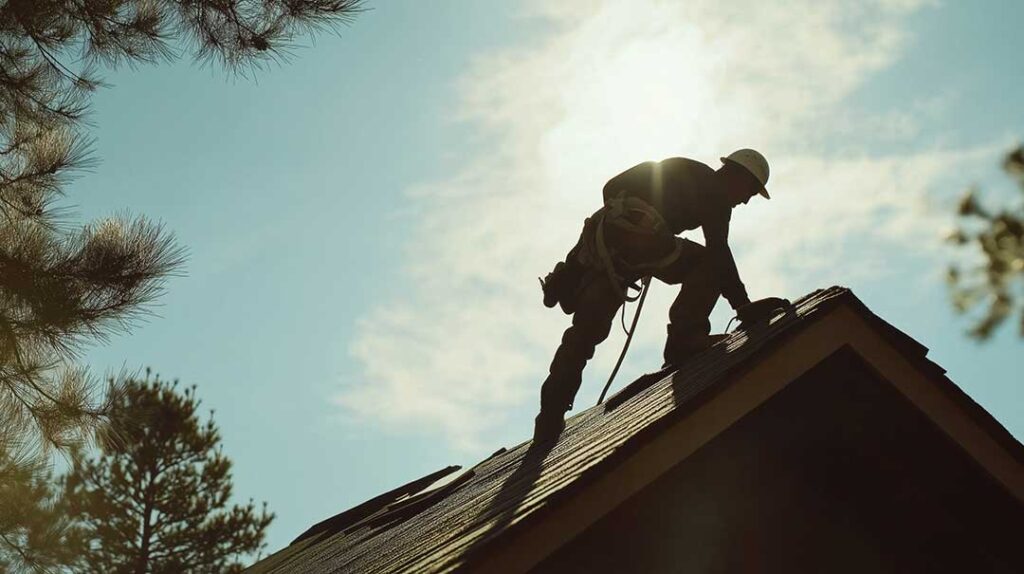Workers sort old shingles, metal flashing, wood, and roofing paper into separate containers beside a home.